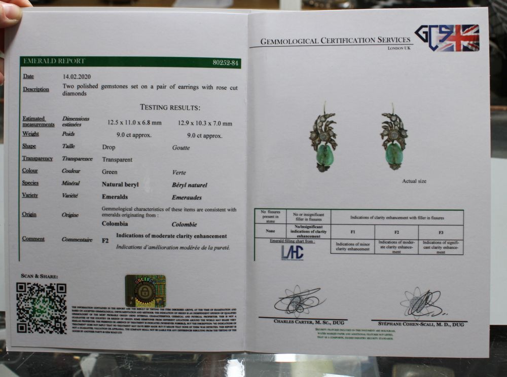 A pair of antique yellow metal, emerald and rose cut diamond set foliate earrings, with GCS certificate dated 14/02/20.